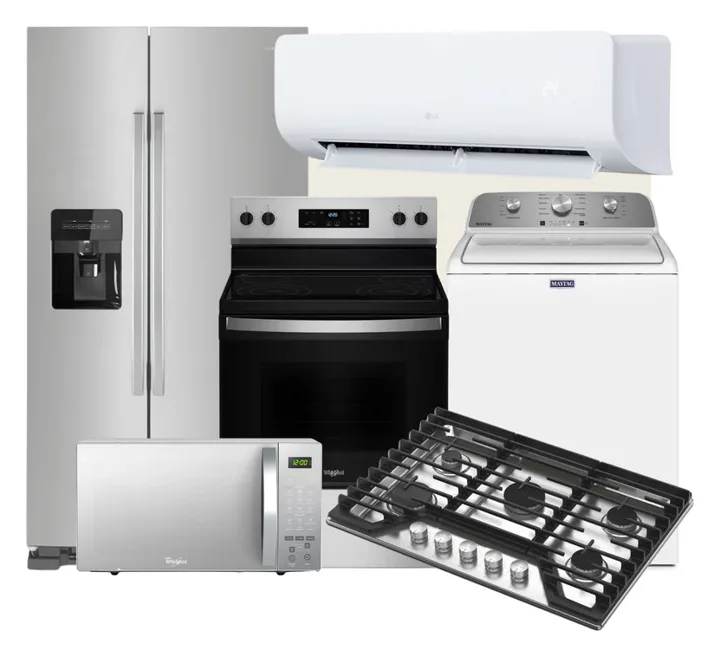 Nevera, estufa, lavadora, aire acondicionado, microondas y tope de cocina en acero inoxidable y blanco